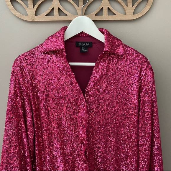 Rachel Zoe Sequin Button Up Top Pink Sz Small - Picture 2 of 8